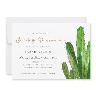 DESERT CACTUS FOLIAGE GOLD WATERCOLOR BABY SHOWER Invitations