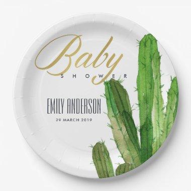 DESERT CACTUS FOLIAGE WATERCOLOR BABY SHOWER PAPER PLATES