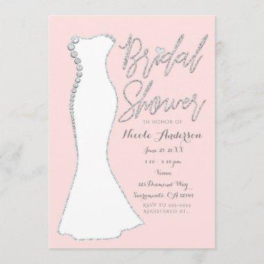 Diamond Bling Wedding Dress Pink Bridal Shower Invitations