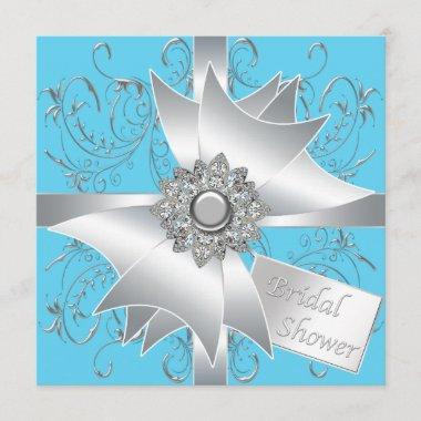 Diamond Bow Silver Teal Blue Bridal Shower Invitations