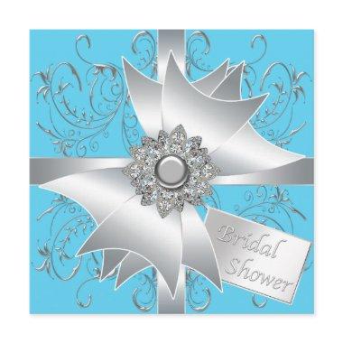 Diamond Bow Silver Teal Blue Bridal Shower Invitations