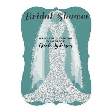 Diamond Dress Teal Turquoise Glam Bridal Shower Invitations