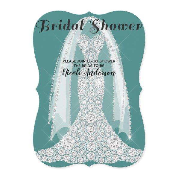 Diamond Dress Teal Turquoise Glam Bridal Shower Invitations