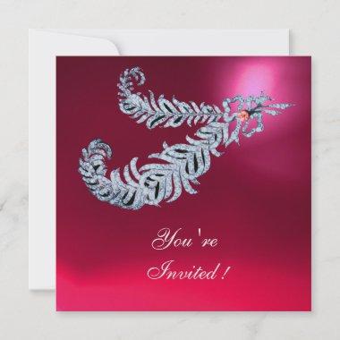 DIAMOND FEATHERS Pink Fuchsia Red Ruby Champagne Invitations