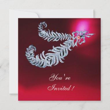 DIAMOND FEATHERS Red Burgundy Ruby Champagne Invitations