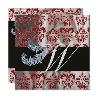 DIAMOND FEATHERS RED SILVER SILK DAMASK MONOGRAM Invitations