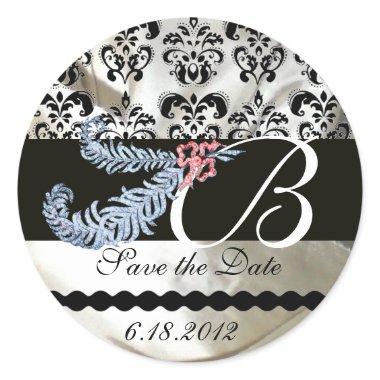 DIAMOND FEATHERS WHITE BLACK SILK DAMASK MONOGRAM CLASSIC ROUND STICKER