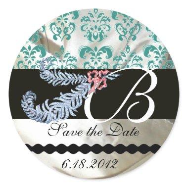 DIAMOND FEATHERS WHITE BLUE SILK DAMASK MONOGRAM CLASSIC ROUND STICKER