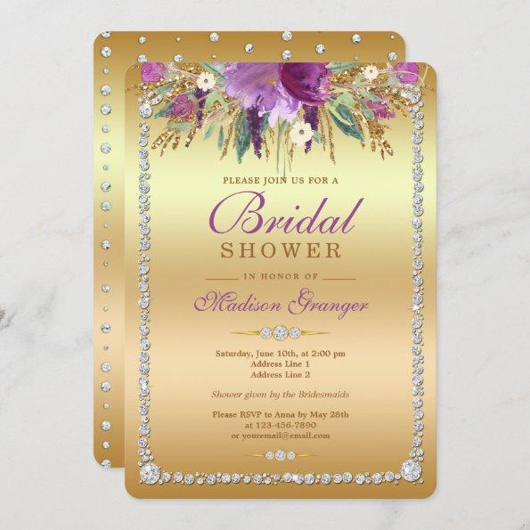 Diamond Glitter Watercolor Flowers Bridal Shower Invitations