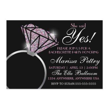 Diamond ring, Bachelorette, she said yes pink Invitations