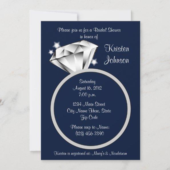 Diamond Ring Bridal Shower Invitations Navy Blue