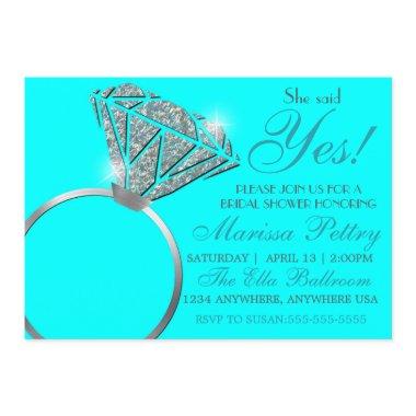 Diamond ring, Bridal Shower, she said yes, teal Invitations