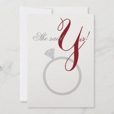 Diamond Ring She Said Yes Silver & Burgundy Party Invitations