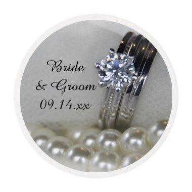 Diamond Rings and White Pearls Wedding Edible Frosting Rounds