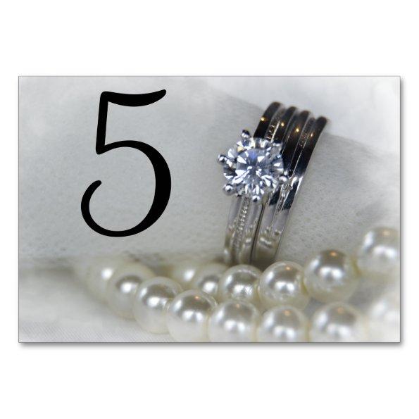 Diamond Rings and White Pearls Wedding Table Number