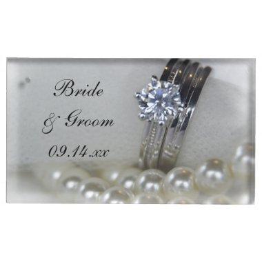 Diamond Rings and White Pearls Wedding Table Number Holder