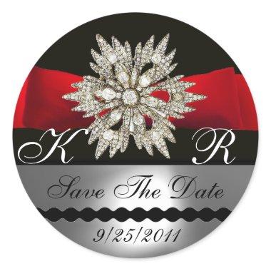 DIAMOND STARS BLACK WHITE RED RIBBON MONOGRAM CLASSIC ROUND STICKER