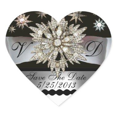 DIAMOND STARS BLACK WHITE RIBBON MONOGRAM HEART HEART STICKER
