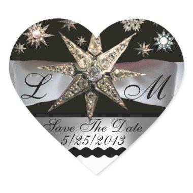 DIAMOND STARS BLACK WHITE RIBBON MONOGRAM HEART HEART STICKER