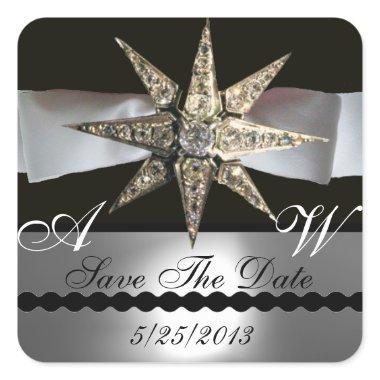 DIAMOND STARS BLACK WHITE RIBBON MONOGRAM SQUARE STICKER