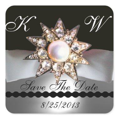 DIAMOND STARS BLACK WHITE RIBBON MONOGRAM SQUARE STICKER