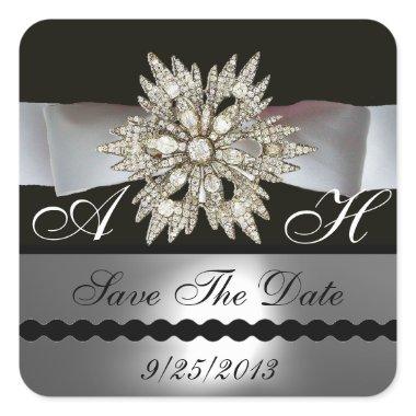 DIAMOND STARS BLACK WHITE RIBBON MONOGRAM SQUARE STICKER