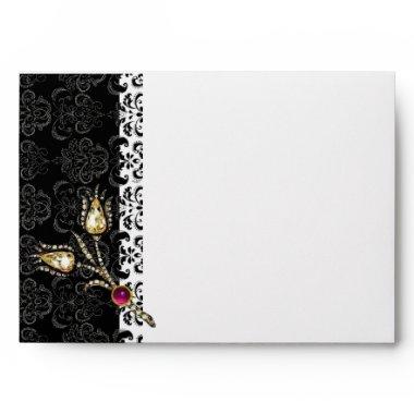 DIAMOND TULIPS AND PINK RUBY Black White Damask Envelope