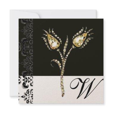 DIAMOND TULIPS , Black and Gold Damask Monogram Announcement