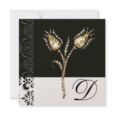 DIAMOND TULIPS , Black and White Damask Monogram Announcement