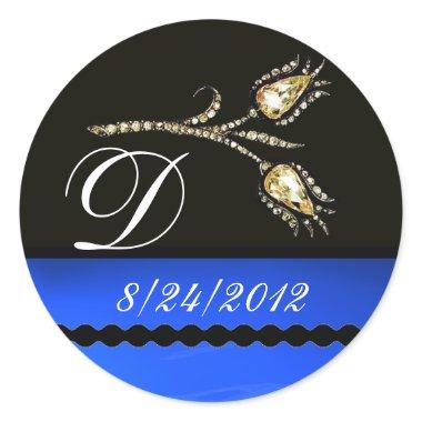 DIAMOND TULIPS BLACK WHITE BLUE MONOGRAM CLASSIC ROUND STICKER