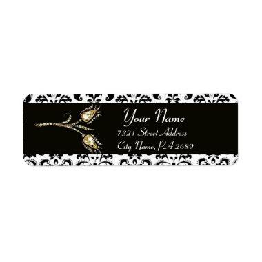 DIAMOND TULIPS BLACK WHITE DAMASK LABEL