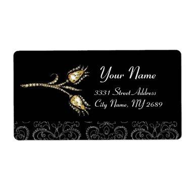 DIAMOND TULIPS BLACK WHITE DAMASK LABEL