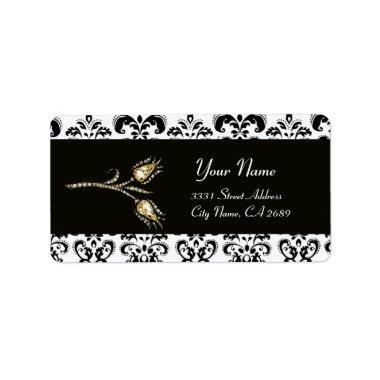 DIAMOND TULIPS BLACK WHITE DAMASK LABEL