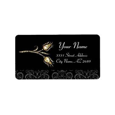 DIAMOND TULIPS BLACK WHITE DAMASK LABEL