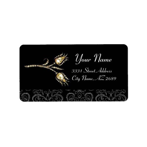 DIAMOND TULIPS BLACK WHITE DAMASK LABEL