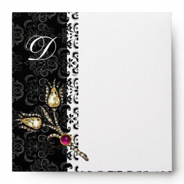 DIAMOND TULIPS Black White Damask Monogram Envelope