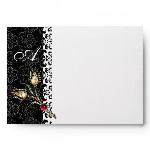 DIAMOND TULIPS Black White Damask Monogram Envelope