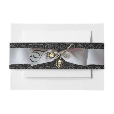DIAMOND TULIPS Black White Damask Ribbon Monogram  Belly Band
