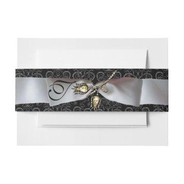 DIAMOND TULIPS Black White Damask Ribbon Monogram Invitations Belly Band