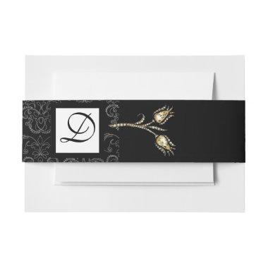 DIAMOND TULIPS Black White Damask Square Monogram Invitations Belly Band