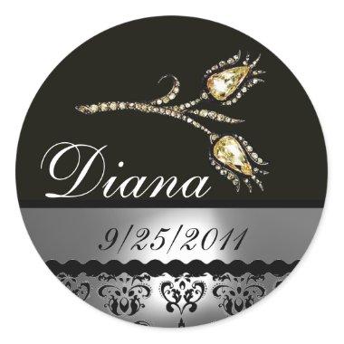DIAMOND TULIPS BLACK WHITE GREY DAMASK,Save Date Classic Round Sticker