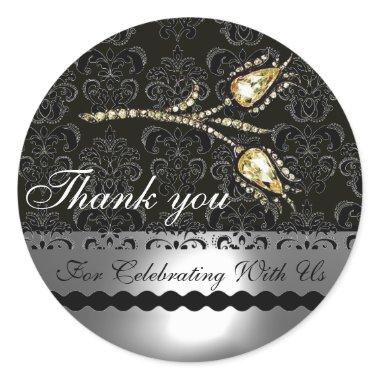 DIAMOND TULIPS BLACK WHITE GREY DAMASK,Thank you Classic Round Sticker