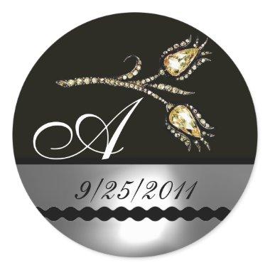 DIAMOND TULIPS BLACK WHITE GREY MONOGRAM CLASSIC ROUND STICKER