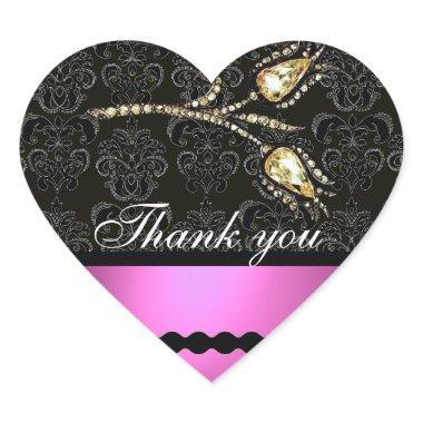 DIAMOND TULIPS BLACK WHITE PINK DAMASK,Thank you Heart Sticker