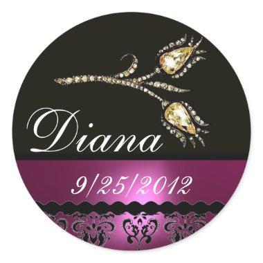 DIAMOND TULIPS BLACK WHITE PINK FUCHSIA DAMASK, CLASSIC ROUND STICKER