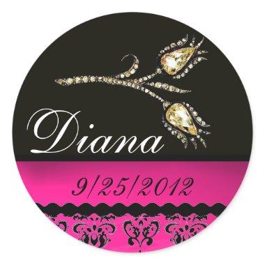 DIAMOND TULIPS BLACK WHITE PINK FUCHSIA DAMASK, CLASSIC ROUND STICKER