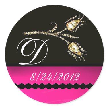 DIAMOND TULIPS BLACK WHITE PINK FUCHSIA MONOGRAM CLASSIC ROUND STICKER