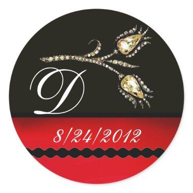 DIAMOND TULIPS BLACK WHITE RED MONOGRAM CLASSIC ROUND STICKER