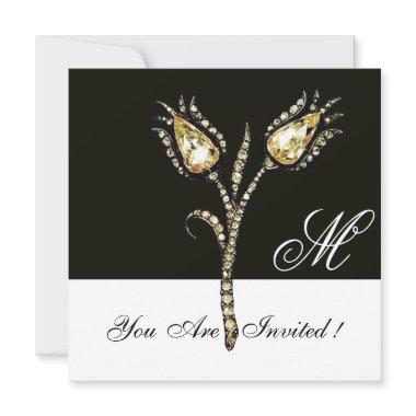 DIAMOND TULIPS MONOGRAM ,Black and White Invitations