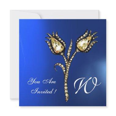 DIAMOND TULIPS MONOGRAM , Blue Sapphire Invitations